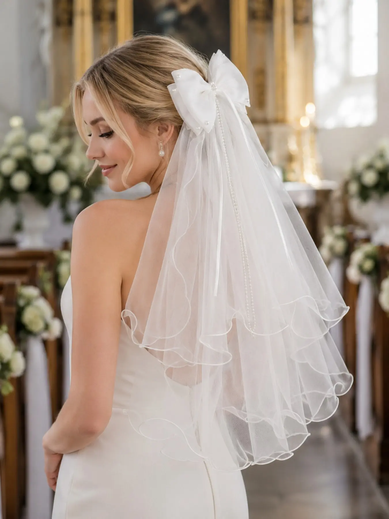 White Wedding Bow Veil Clip, Layered Satin Organza Bow with Double Tulle Veil, Pearl Accent Hairpiece for Bride, Bridal Shower, Ceremony, Engagement Photos, Western Wedding Veil, Wedding Veils for Brides, The Wedding Veil