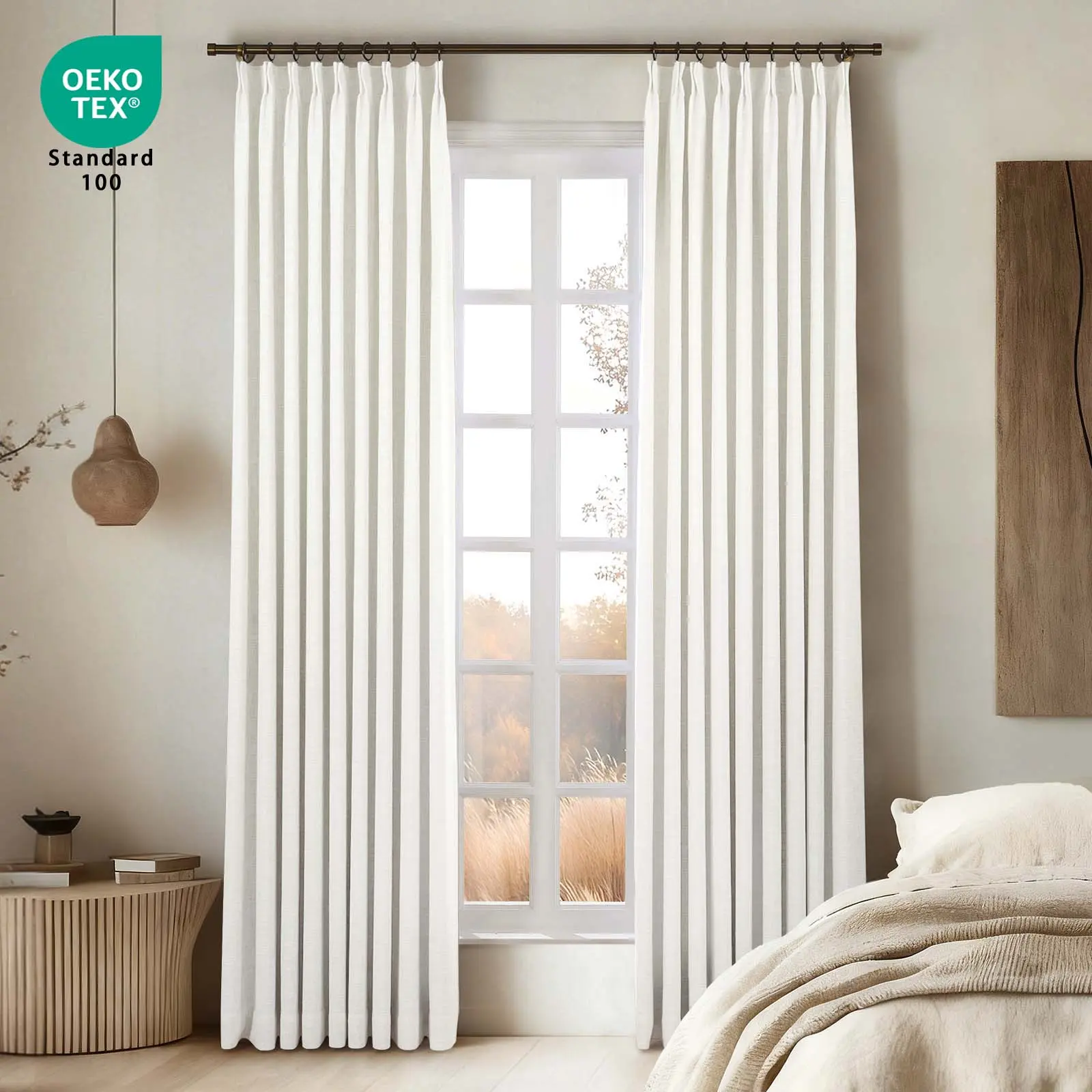 TWOPAGES Liz Linen Blend Pinch Pleat 100% Blackout Single Panel Curtains, Wrinkle Resistant Thermal Insulated Linen-Textured Durable Fabric, OEKO-TEX Certified, Adjustable Pin Hooks for Bedroom & Living Room