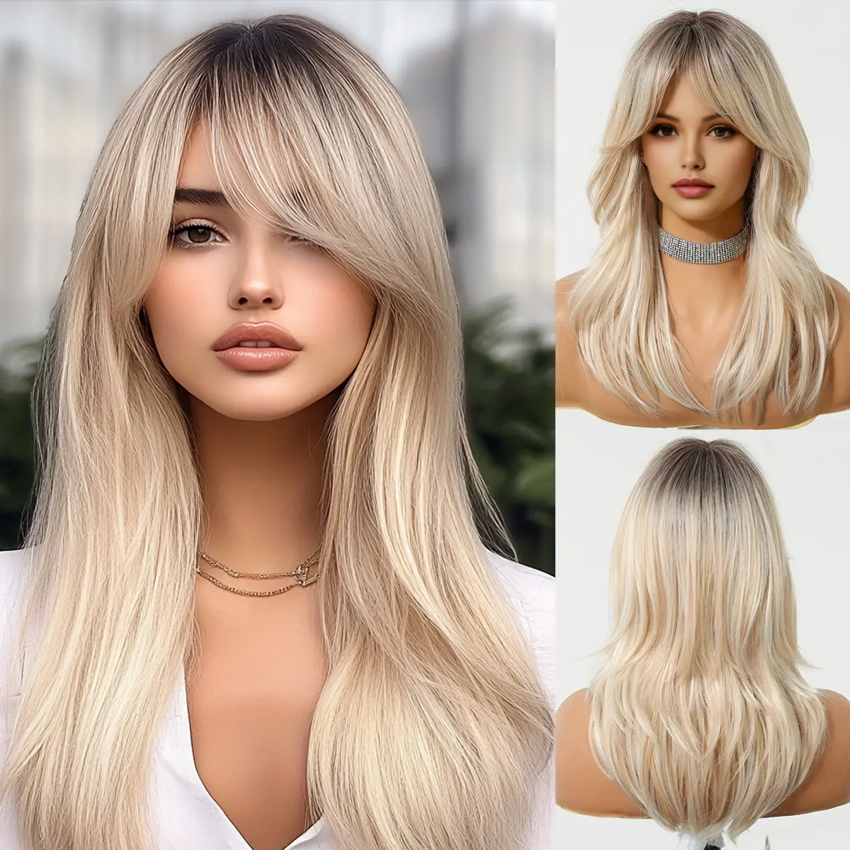 Woolook Women's Heat Resistant Synthetic Full Machine Wig, Elegant Spring-Summer Long Gradient Blonde Layered Straight Wig with Bangs, 150% Density Mid Part, Rose Breathable Net Cap for Daily-Party Wear, Heat Resistant Wig