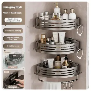 Last Day Sale! 1/2/3 Pack Gun Gray Aluminum Corner Shower Organizer Shelf – No Drill Installation, Strong Suction Cup Design, Rustproof Aluminum Bathroom Storage Rack with Hooks