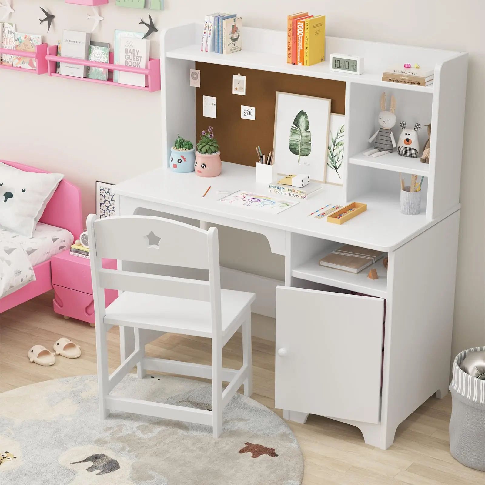 GARVEE Youth Desk and Chair Set with Hutch and Storage Cabinet, Wooden Study Table and Writing Desk for Student Bedroom & Study Room, White Computer Workstation