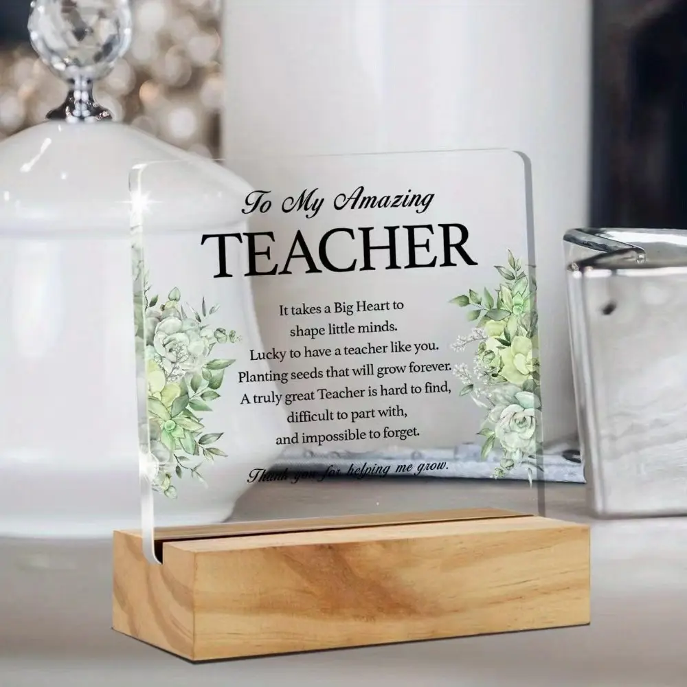 Acrylic Desk Plaque with Wooden Base, Stable Durable Teacher Appreciation Thank You Gift for Classroom Decor Home Office Supplies