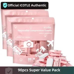 ICOTLE Authentic 90pcs Compressed Cotton Face Towels Travel Disposable Value Pack Soft Gentle for Quick Clean-ups Compact Design 30pcs per Pack