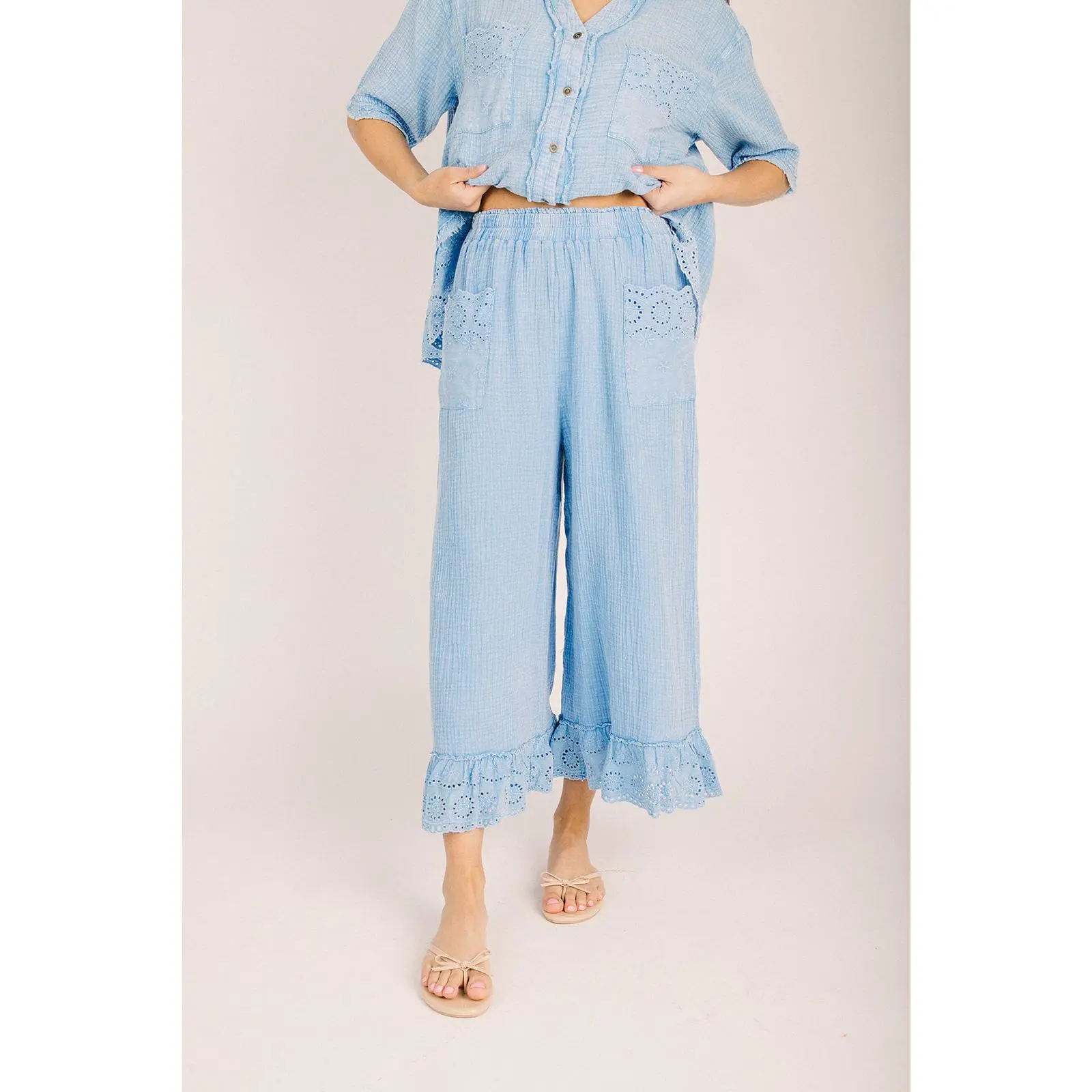 The Carlin Crochet Detail Pant in Day Blue