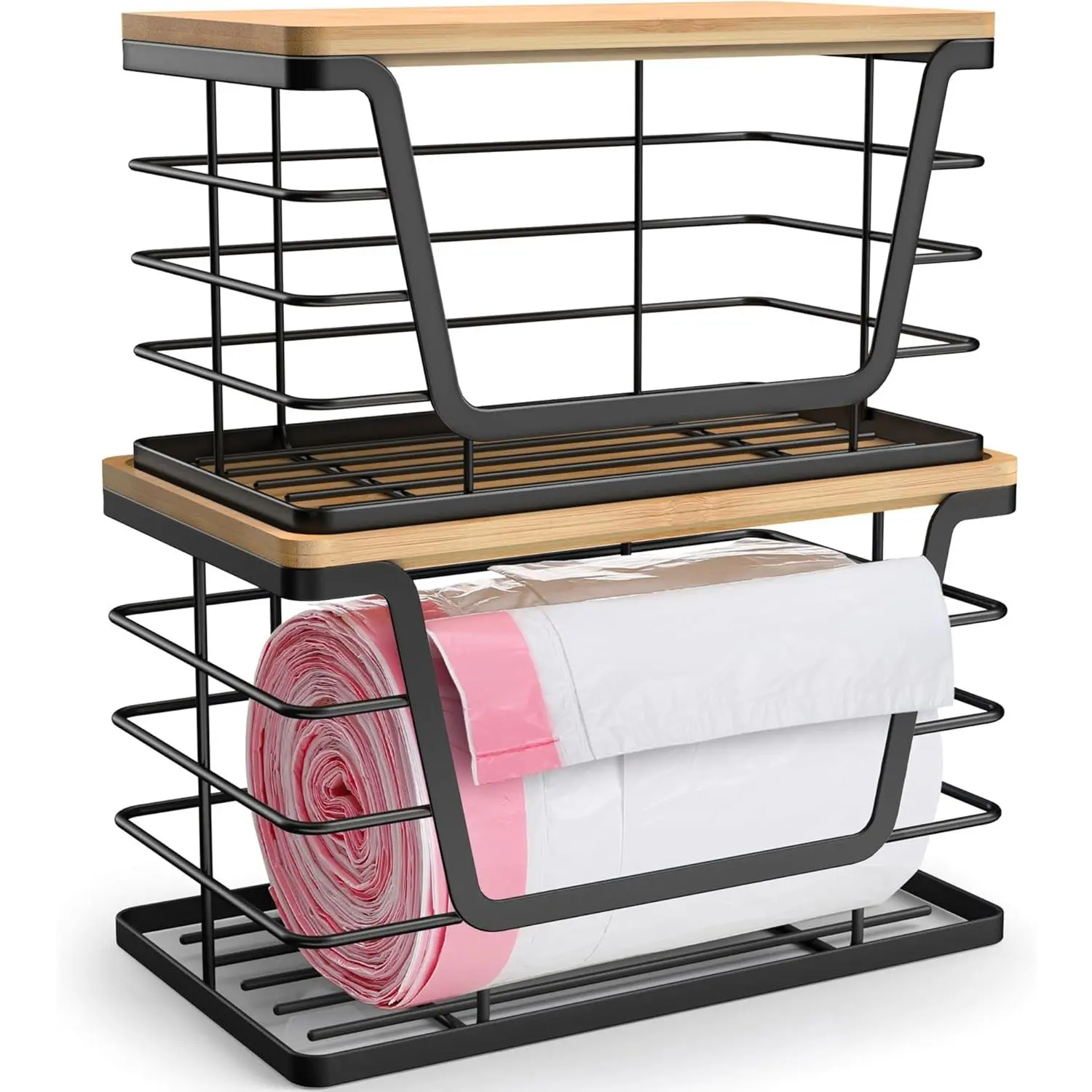 2-Pack Stackable Home Organizer Set – Bamboo-Top Food Storage Organizer, Large Trash Bag Holder, Small Garbage Bag Dispenser for Kitchen, Laundry Room, Bathroom Countertop Organization, Bathroom Organizer