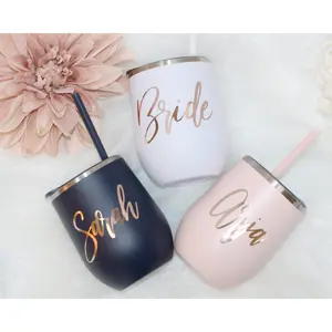 Set of 4 5 6 7 YOU CHOSE QTY metal wine tumbler with lid and straw Bridal shower favors Personalized Bridesmaid Gifts rose gold - MWT4V