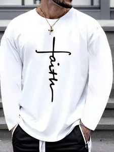 Plus Size Men's Round Neck Long Sleeve T-Shirt, Casual Street Style Fashion Print, Spring & Fall Wear, Comfortable and Stylish, Streetwear, Menswear, Top