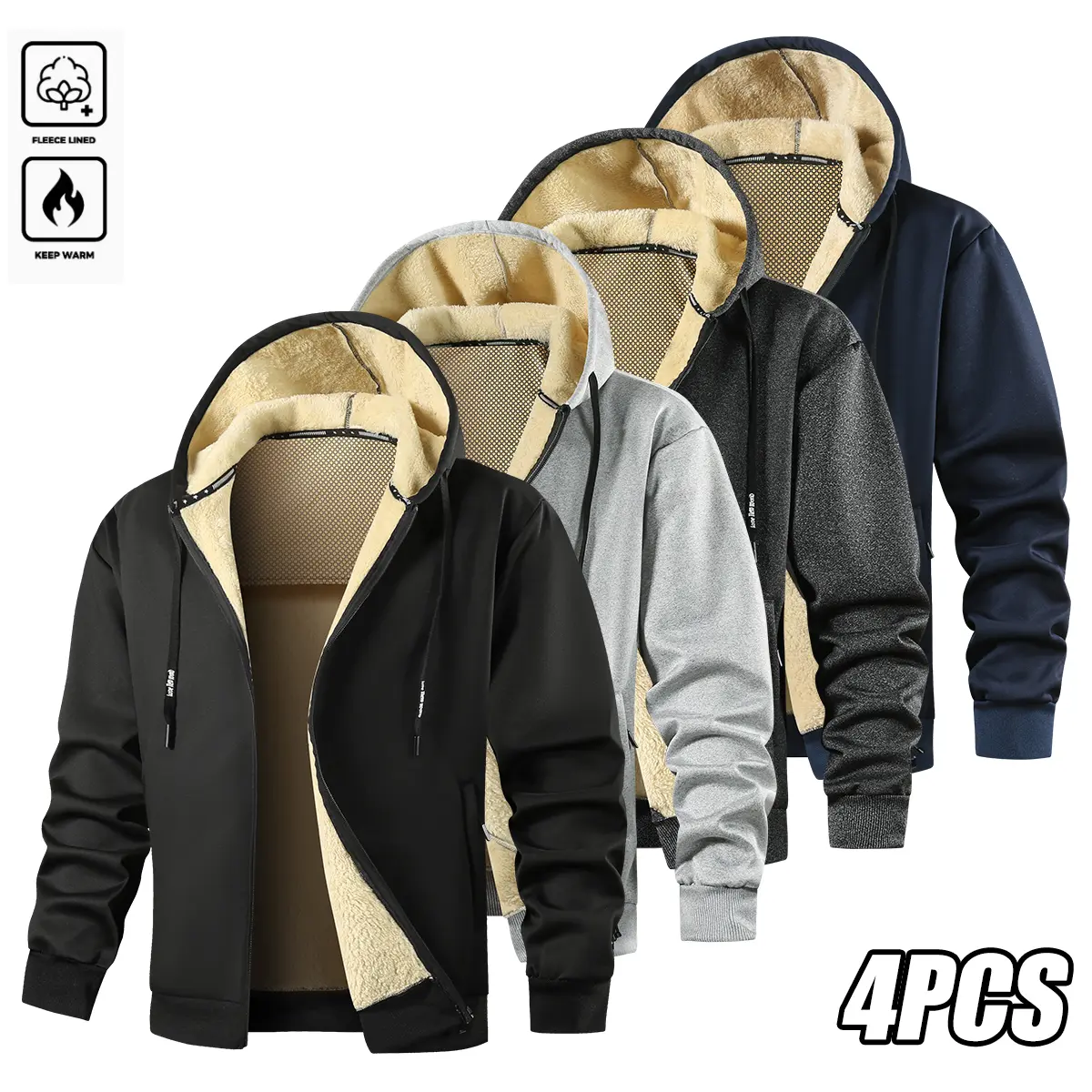 Men's Casual Fleece Hooded Jacket, Stylish Long Sleeve Zip-Up Outerwear with Pockets for Outdoor Sports, Ideal Christmas Gift, Menswear, Casual Fashion, Tops, Black + Light Gray + Dark Gray + Deep Blue, Clothes, Outfits