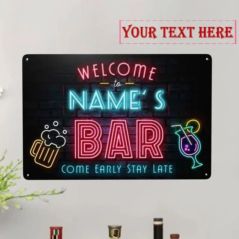 Vintage Non-Light-Up Durable Aluminium Garage Wall Plaque - Customizable "Welcome to Name's Spot" Bar Sign for Adults, Dads, with Beer Mug, Wine Glass Illustrations, Bold Fonts, Antique Look, Home Decor