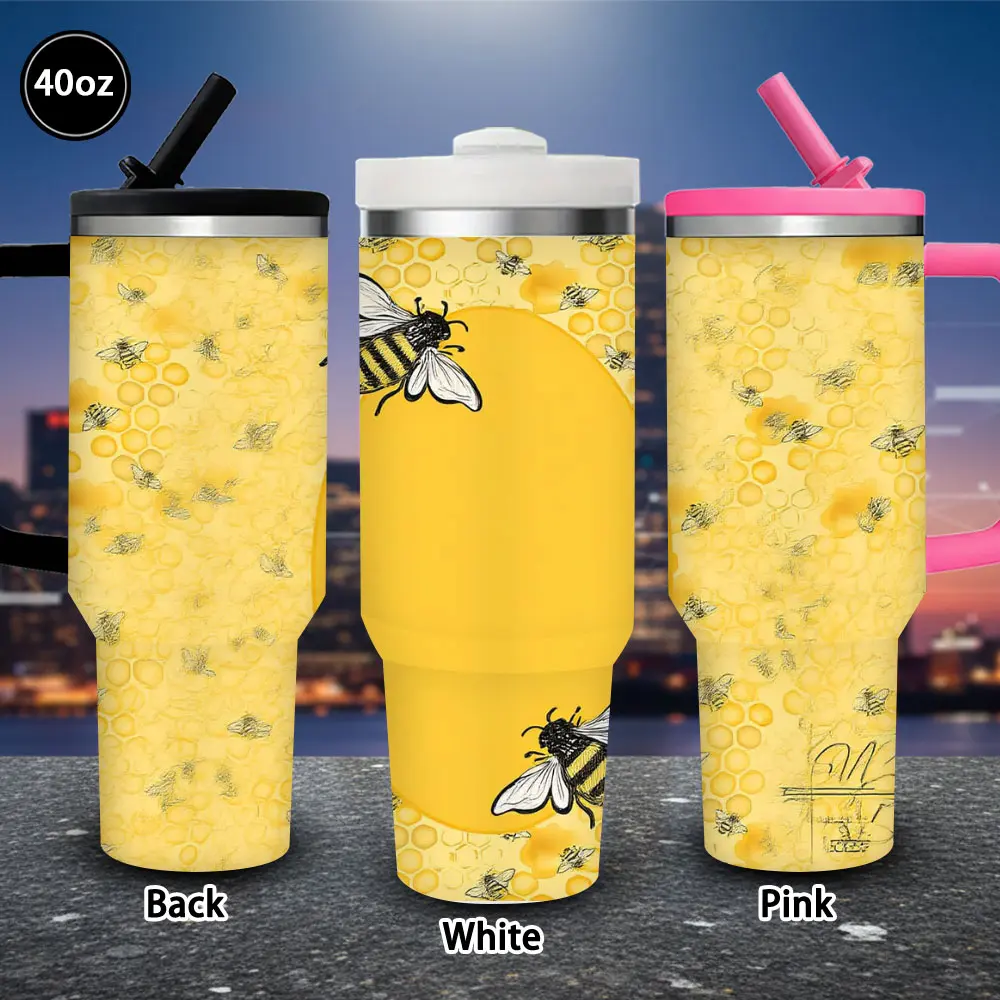 40 oz Insulated Portable Tumbler with Bees & Honeycomb Pattern - Vacuum Flask Travel Mug with Lid, Straw, Ideal for Iced/Hot Coffee, Birthday/Easter Gifts for Women, Kitchenware Drinkware