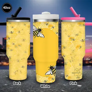 1 pc 40 oz Tumbler with Bees and Honeycomb Pattern, lid and straw, winter insulated travel mug, gift for women and men, ideal for Valentine’s Day, Easter, birthday gifts, iced/hot coffee cup