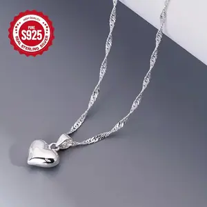 S925 Sterling Silver Water Wave Chain Necklace with Heart Pendant, Dainty Silver Heart Necklace for Women, Hypoallergenic Casual & Party Jewelry, Perfect Valentine's Day Gift