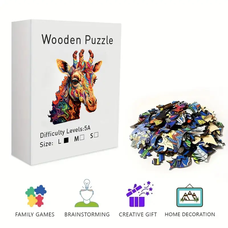 Vibrant Psychedelic Giraffe Wooden Jigsaw Puzzle for Adults & Kids - Challenging Irregular Pieces, Colorful Swirl Art Puzzle, Stress Relief Brain Teaser, Framable Wall Art & Home Decor