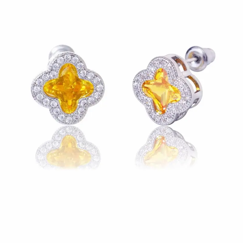 Women's 925 Sterling Silver Post AAA Cubic Zirconia Stud Earrings Flower Shape Four-leaf Clover Designs Diamond Cut Crystal Jewelry Gift For Women Easter and Christmas