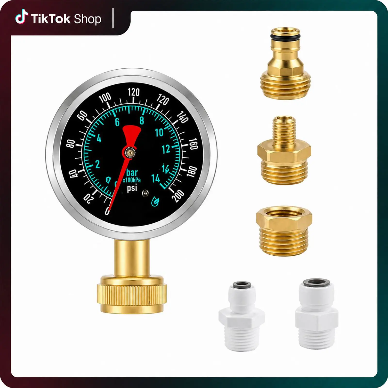Water Pressure Gauge with 5 Parts, 0-200 PSI Water Pressure Tester with 2-1/2 Inch Dial & Durable 3/4 Inch Hose Thread, Ideal for Home, Hose Bib (Waterproof Case, Black) Steel Durability Stainless Measurement Adapters