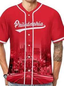 Men's Philadelphia Baseball Jersey Accents Handwritten Philly City Night Scene Front Button Polyester Breathable Comfort