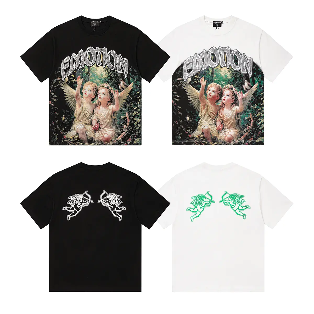 Mixed Emotion Twin Cherub Garden Graphic T-Shirt, Renaissance Angel Artwork with Gothic Emotion Lettering and Cupid Archer Back Print, Black White Graphic Tees for Men Women, Vintage Romantic Y2K Streetwear Fashion Accessories