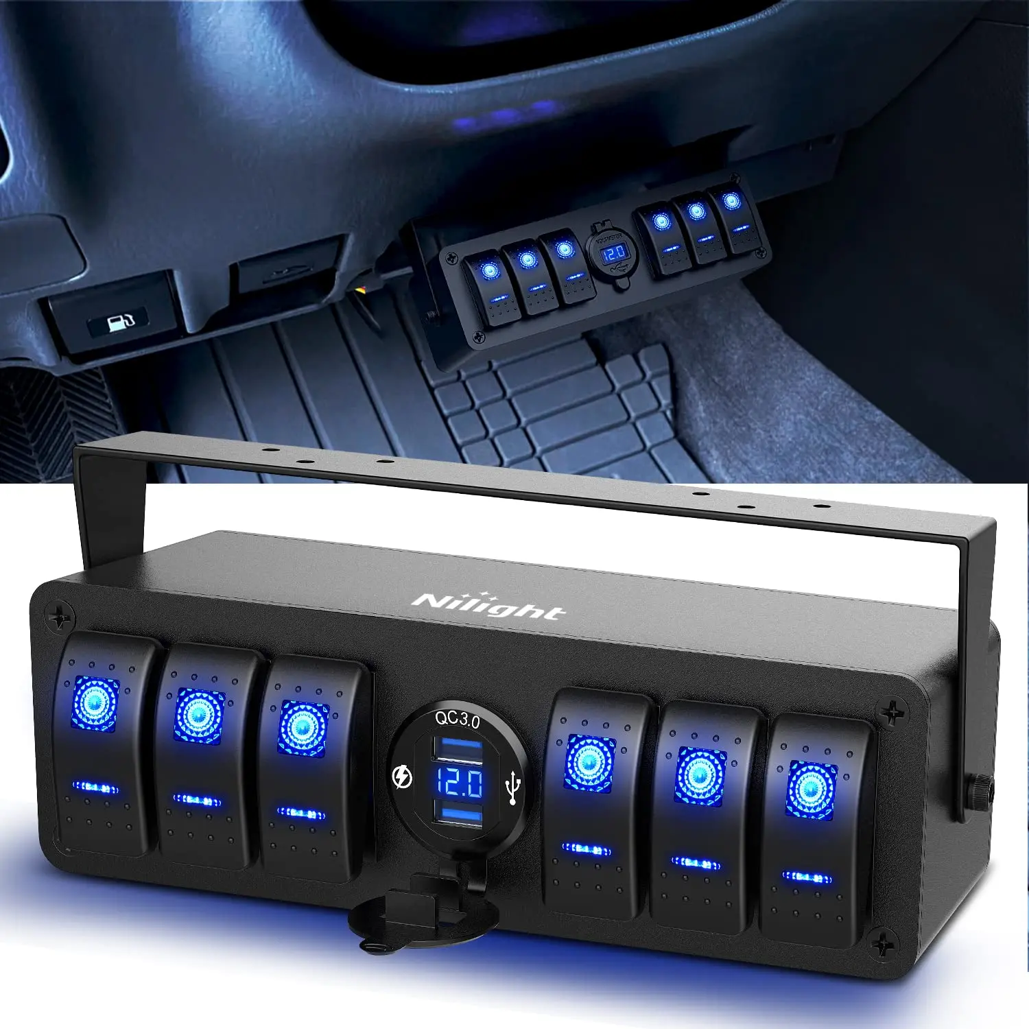 Nilight 6-Gang Rocker Switch Panel - 12V-24V DC SPST ON-Off Switch, QC 3.0 Dual USB Charger, Voltmeter, IP67 Rated Waterproof Dustproof Aluminum Build, Night Glow Stickers, Pre-Wired Easy Installation, Surface Mount for Cars, Boats
