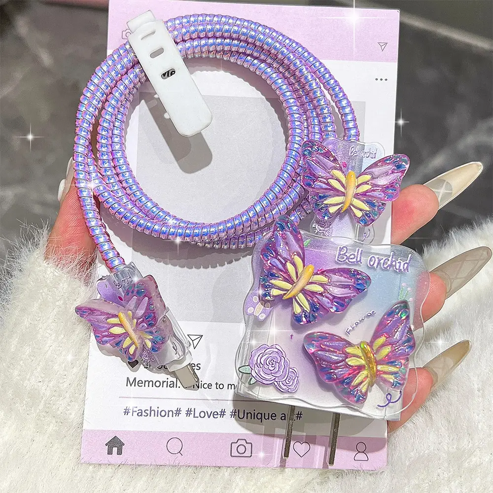 Camouflage Transparent Butterfly and Bell Orchid Design, Wavy Frame Cellphone Charger Protective Case, Cute Charging Cable and Data Cable To Prevent Breakage, Suitable for IPhone 18W/20W Fast Charging Protective Case, IPhone Users, Holiday Gift