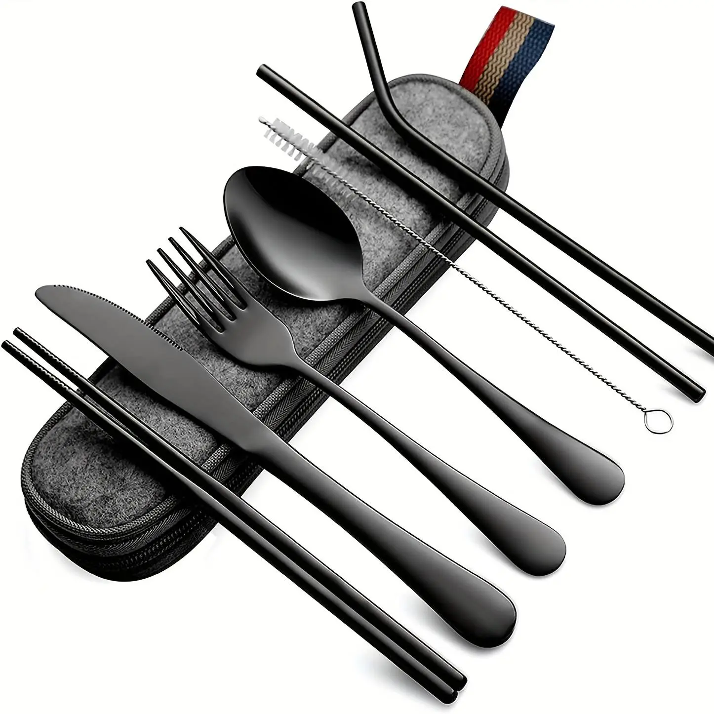 Portable Cutlery Set, 8 Counts/set Including Knife, Fork, Spoon, Chopsticks & Cleaning Brush & Straw, Camping Kitchenware Set, Picnic Set, Camping Picnic Tableware