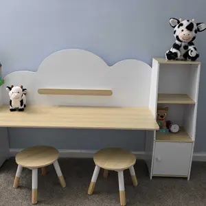 Modern Kids Desk & Stool Set in White and Natural Wood for Study and Play