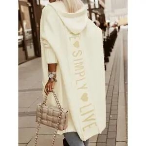 Women's Letter Print Pocket Long Hooded Cardigan, Loose Casual Batwing Sleeve Open Front Cardigan, Ladies Knitwear for Fall & Winter Daily Wear, Fall Outfits Blazer pink Oversized Chocolate Brown Cropped Trench Coat air force afghan