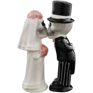 Bride and Groom Love Never Dies Skeletons Kissing Magnetic Ceramic Salt and Pepper Shakers