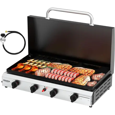 ROVSUN 2/4 Burner Portable Propane Griddle with Enameled Tray & Lid, 20000/40,000 BTU Tabletop Flat Top Gas Grill with Electronic Ignition & Regulator for Outdoor Cooking Camping BBQ Tailgating,techvibes