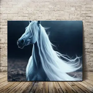Elegant White Horse Canvas Wall Art |   wooden framed prints |   Dynamic Mane and Tail |   Multifunctional home decor for living room, bedroom, kitchen, office |   Ideal gift for equestrian enthusiasts and art lovers, gift for horse lovers