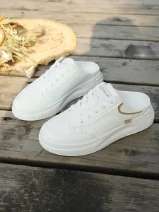 Spring New Half-Drag Sneakers Women Thick Rubber Sole Height Increasing Casual Shoes Leather Face Versatile Board Shoes No Back One-Step