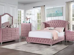 Willa Arlo Interiors CM7130PKQ-4PC Queen Bed Set with Pink Velvet Fabric Nail Head Trim & Zohar Design 4-Piece Bedroom Furniture Set