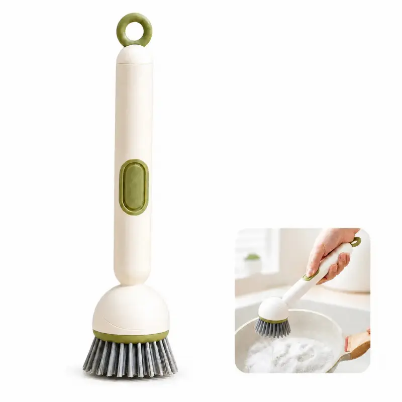 Long Handle Rotating Pot Brush with Built-In Soap Dispenser - Long Reach, Rotates Easily Kitchen Cleaning Scrubber for Pots, Pans, Plastic Handle