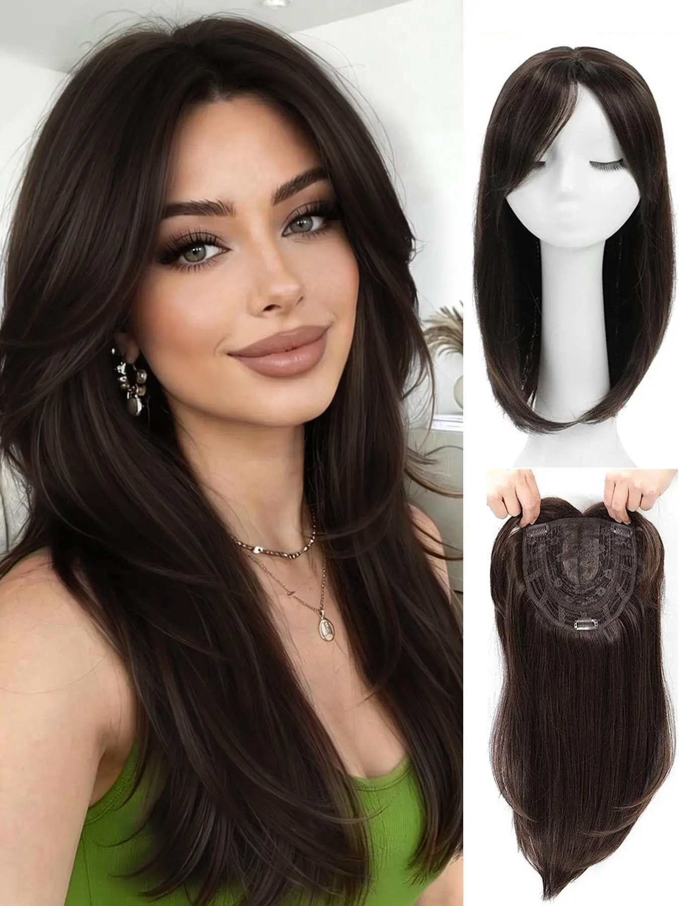 18 Inch Hair Topper with Bangs for Women, Thinning Hair Solution, 6.5"x6.5" Large Base Clip, Synthetic Hairpiece, Lightweight & Natural Look, Realistic Hairpiece, Synthetic Wigs, Synthetic Fiber Wigs