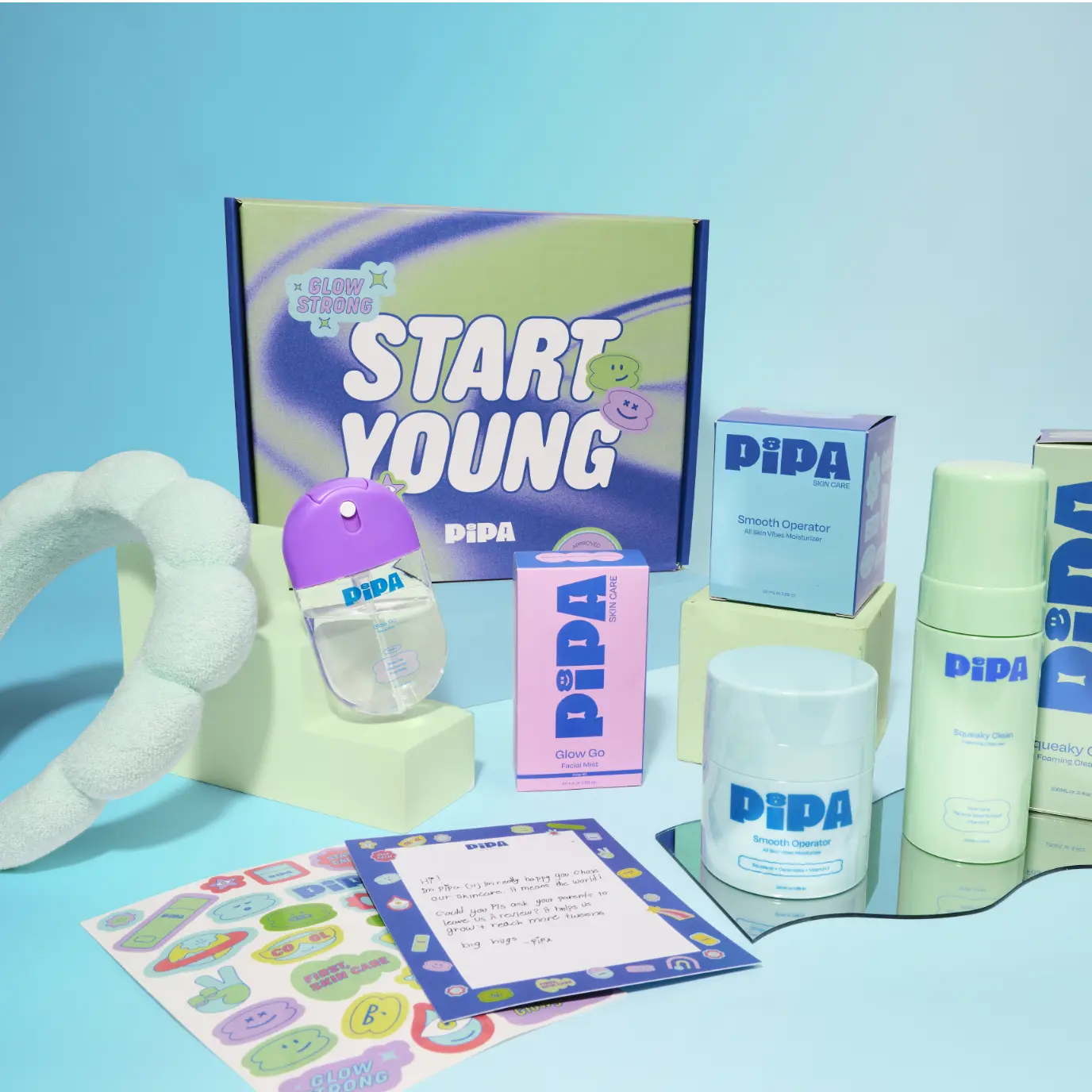 Start Young Skincare Gift Set by Pipa | First Routine for PreTeens Ages 7-13 | 3-Step Starter Bundle with Foaming Face Wash, Face Mist, Hydrating Moisturizer | Free GRWM Headband | Fragrance-Free, Hormone Disruptor-Free l Pediatrician + Derm Approved