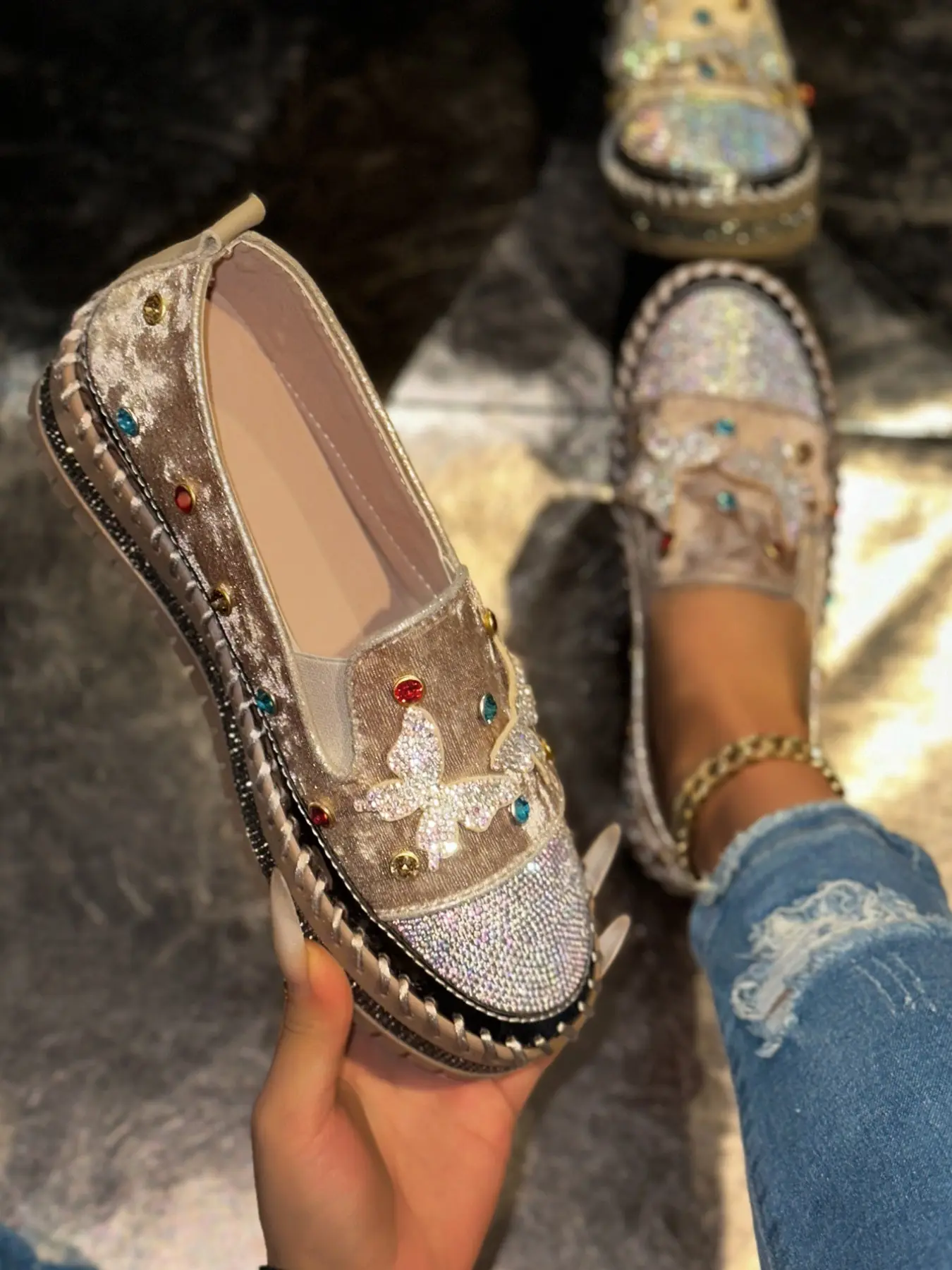 Heavy-Duty Colorful Rhinestone Butterfly Decoration Velvet Thick Sole Platform Shoes, European and American Style Streetwear Lazy Person Shoes