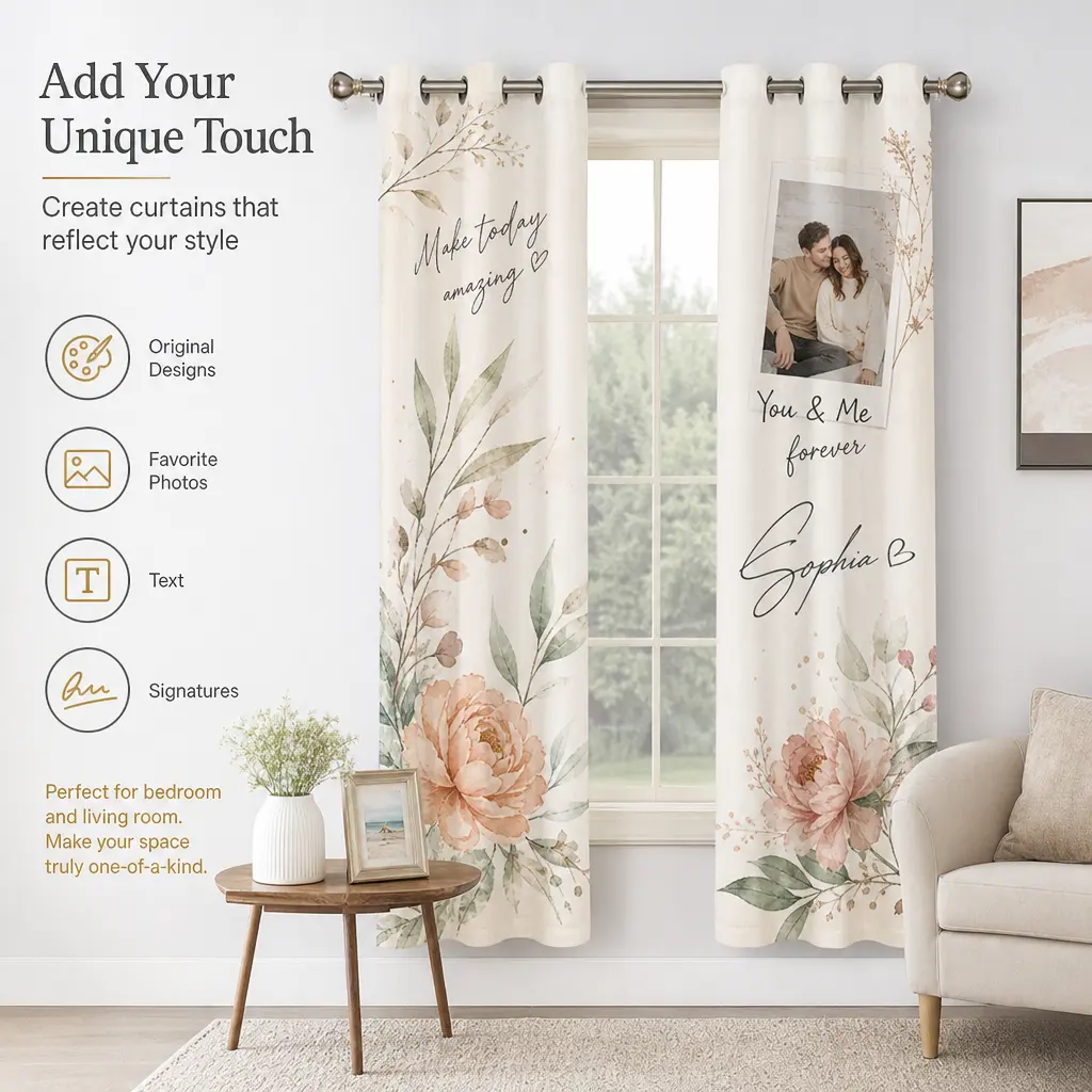 Custom Curtains Custom Blackout Curtains With Personalized Photo Text Logo | Customizad Size Drapes Set Of 2 Panels Gifts For Family Friends Festive Decorations