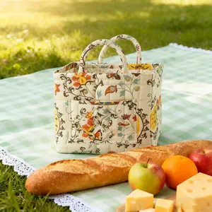 Floral Fabric Storage Basket, Foldable & Washable Handheld Picnic Basket, Large Capacity Reusable Organizer for Home Essentials, Collapsible Baskets