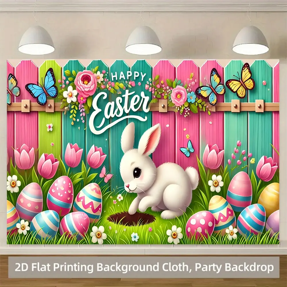 Easter Bunny & Egg Banner Photography Background, Polyester Fabric Wall Decor, Spring Celebration, Indoor Outdoor Use