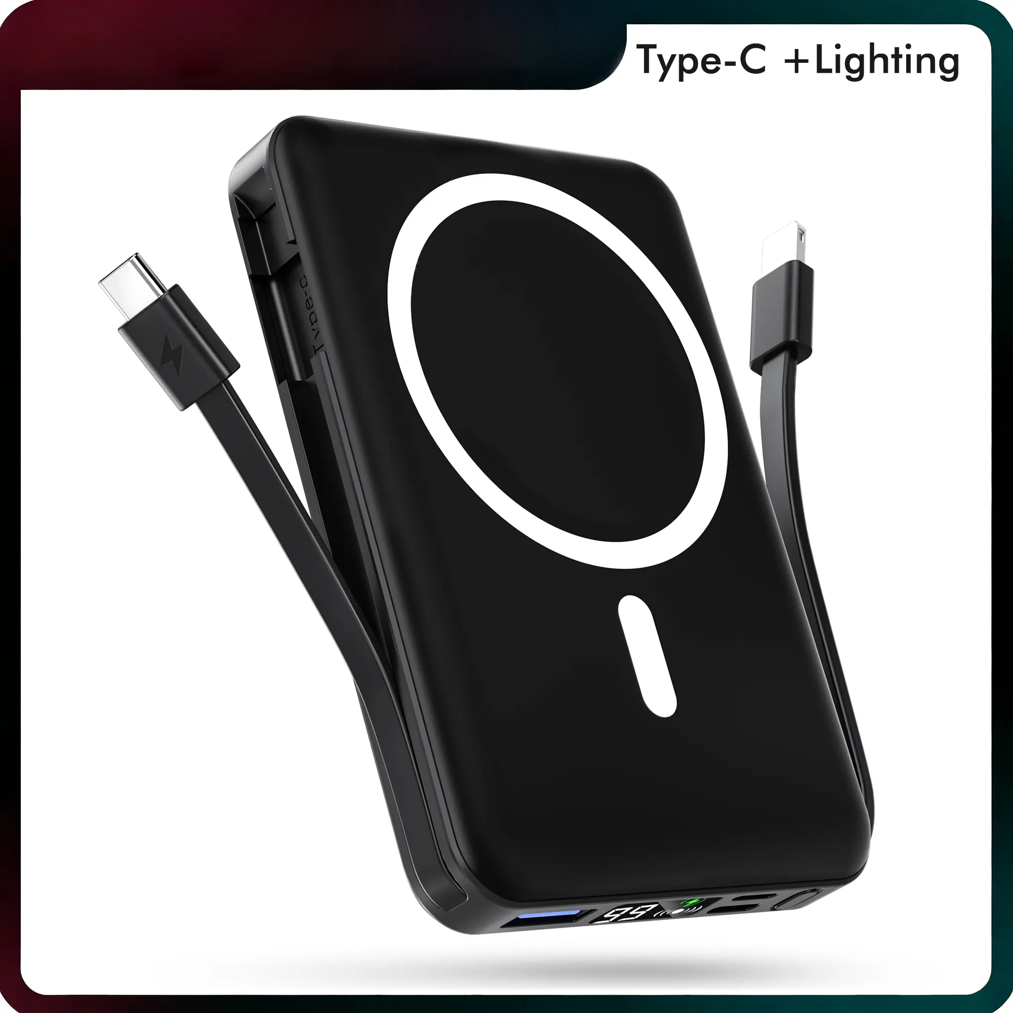 Podoru 10000mAh Silicone Compact MagSafe Battery Power Bank - Phone Accessories, Up to 20W USB-C, LED Display, Dual Cables, Output, Chargers for iPhone 16/15/14/13/12/All Series Smartphones