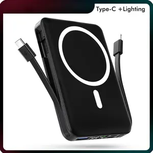 Podoru for iPhone Power Bank, for MagSafe Battery Pack 10000mAh Magnetic Travel Charger Built-in USB-C Lighting Cable for iPhone17/16/15/14/13/12 Series