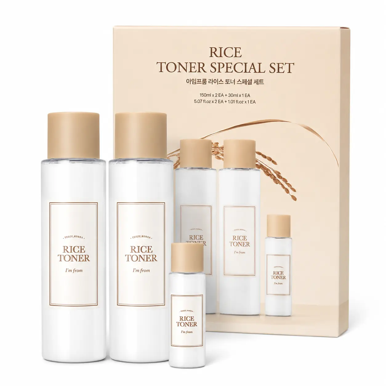 I'm from Rice Toner Value Set - K-Beauty Glass Skin Glow Kit (150ml x 2 + 30ml Mini) Deep Hydrating & Brightening Milky Face Toner Trio