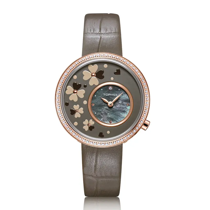 Women's Slim Round Quartz Watch - Full Pavé Crystal Encircling Bezel, 4-Leaf Clover Relief Floral Dial, Mini Inner Mother-of-Pearl Subdial, Grain Cowhide Leather Strap, Scratch-Resistant Hard Lens, Daily Waterproof, Precise Stable Quartz Movement