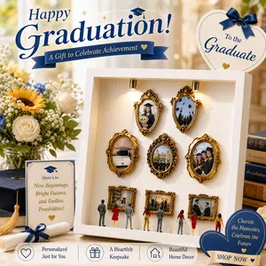 DIY Personalized Light-Up Wood Photo Shadow Box Kit - Baroque Gold Frame, Spotlights, Mini Figures - Custom Memory Keepsake for Graduation, Father's Day, Anniversary, New Baby Gift (Preserves Precious Memories)
