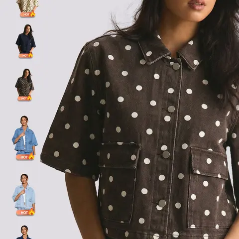 Women's Polka Dot Denim Shirt, Blouse Shirt Top, Casual Cute, Casual Loose Fit Short Sleeve Top Button up top, Casual Street Style, All-Seasons Outerwear