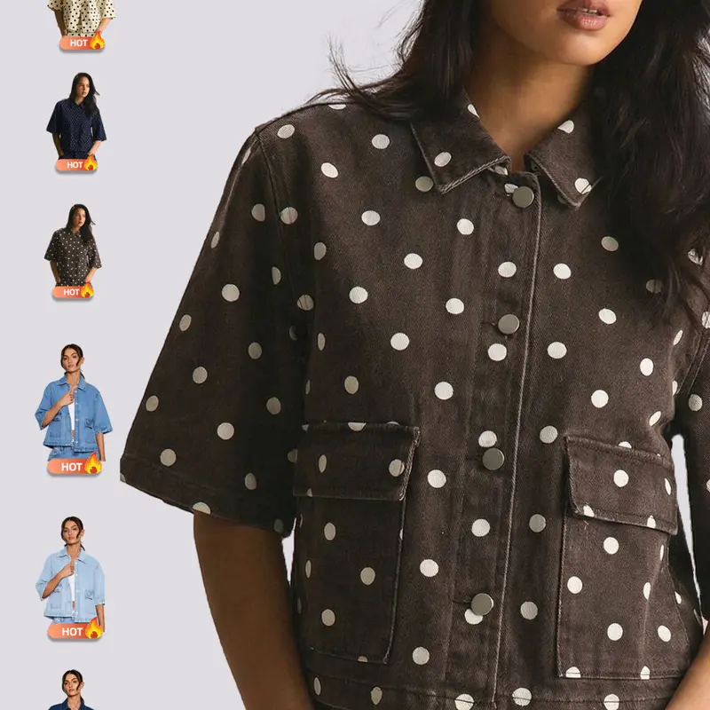 Women's Polka Dot Denim Shirt, Blouse Shirt Top, Casual Cute, Casual Loose Fit Short Sleeve Top Button up top, Casual Street Style, All-Seasons Outerwear