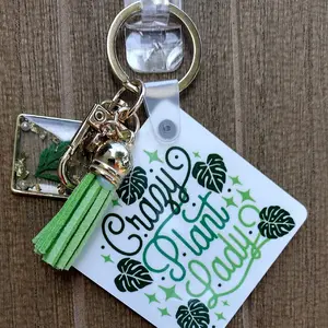 Crazy Plant Lady Keychain - Green Monstera Leaves and Stars Design, Plant Keychain, Gift for Plant Lover