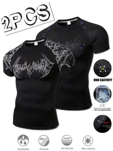 2 Pcs Men's Professional Fitness T-Shirts, Sporty Style, High Elasticity, Quick-Dry, Breathable, Slim-Fitting, Ideal for Gym Training, Stretch Athletic Tee, Workout Sportswear, Workout Activewear