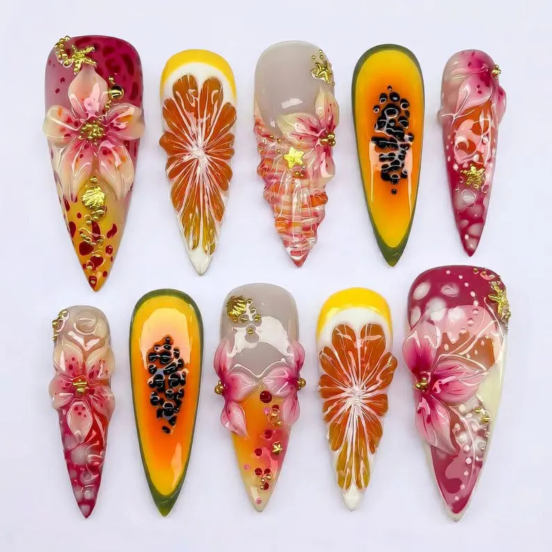 Mismatched Tropical Press on Nails with 3D Papaya, Citrus & Pink Flower | Fake Nails in Long Stiletto | Exotic Summer Art