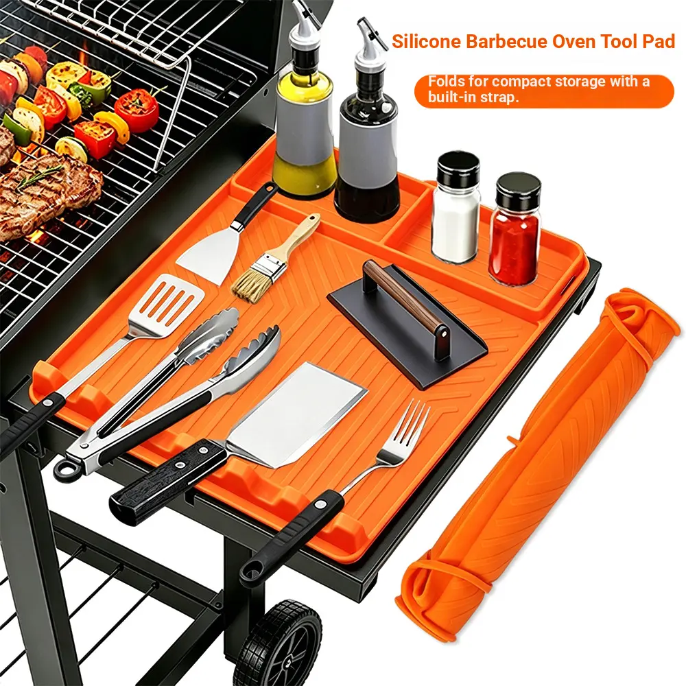 Silicone Grill Side Shelf Mat - 16x11.5" Non-Slip Heat-Resistant BBQ Tool Holder for Spatulas, Tongs, Sauces, Oil-Proof Griddle Accessory for Summer BBQ, Outdoor Cooking