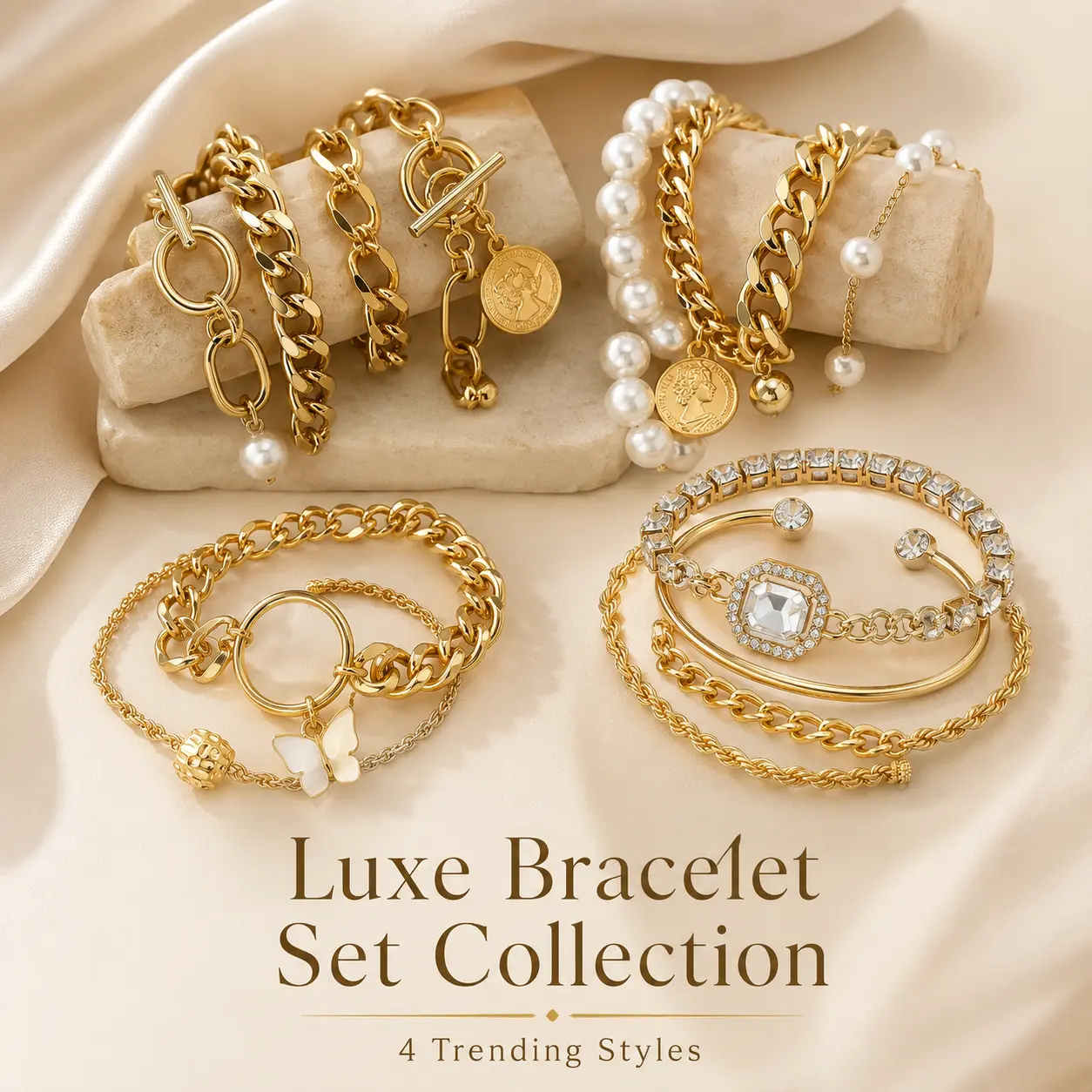 3-5PCS Layered Gold-Tone Bracelet Set for Women, Pearl, Coin, Butterfly & Crystal Charm Stackable Chain Bracelets, Trendy Chunky Link Jewelry for Daily Wear, Party, Date Night, Birthday, Holiday & Gift